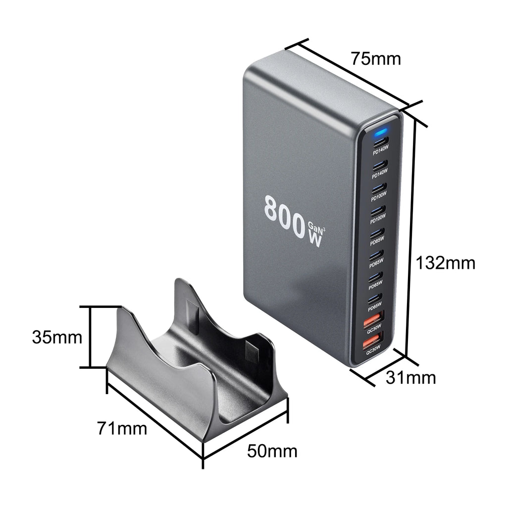 800W GaN Charger USB C Fast Desktop 10-port USB Type C PD3.1 Charger Fast Charging for iPhone 16 15 14 Samsung S24 Xiaomi Laptop