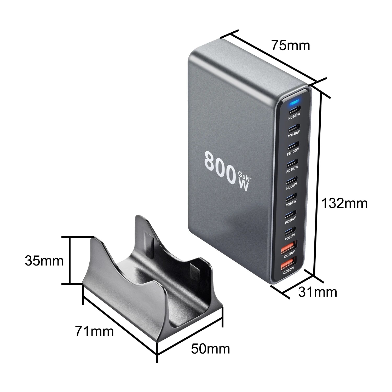 800W GaN Charger USB C Fast Desktop 10-port USB Type C PD3.1 Charger Fast Charging for iPhone 16 15 14 Samsung S24 Xiaomi Laptop