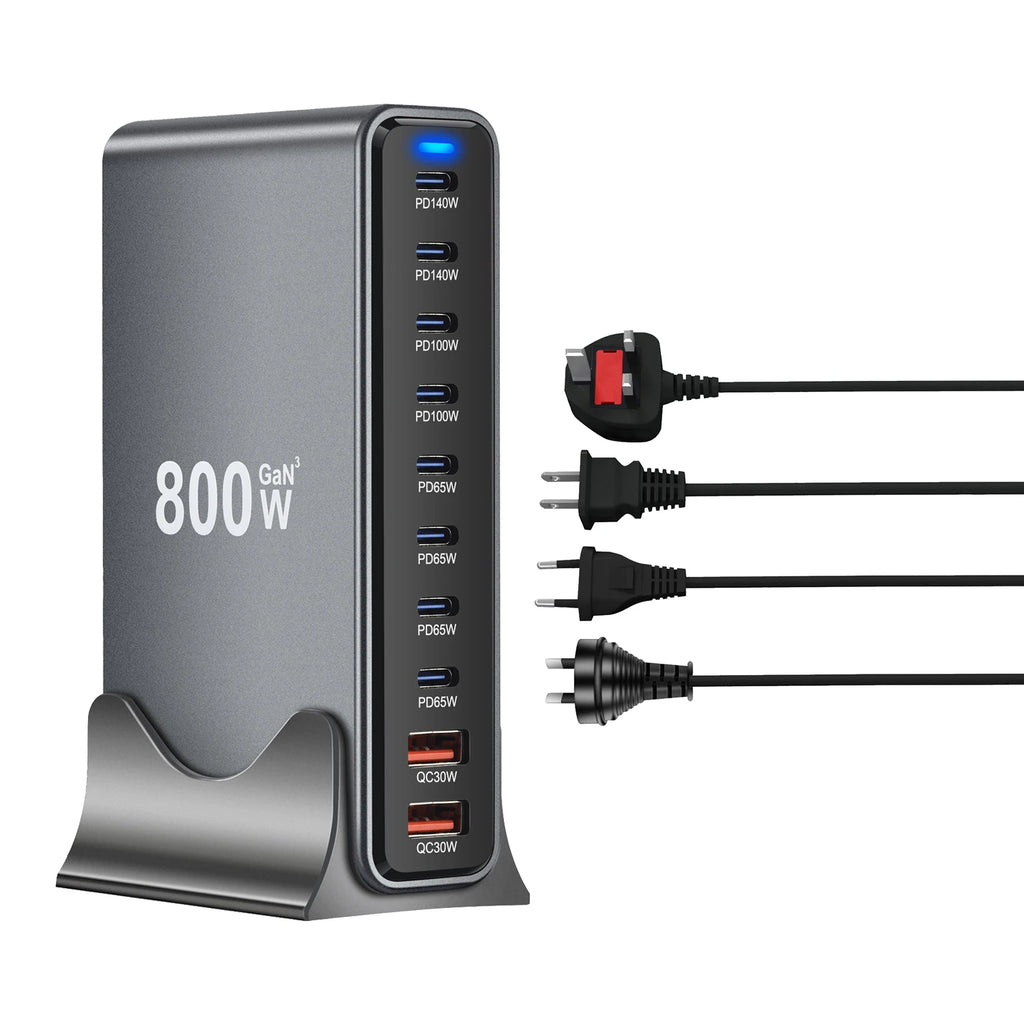 800W GaN Charger USB C Fast Desktop 10-port USB Type C PD3.1 Charger Fast Charging for iPhone 16 15 14 Samsung S24 Xiaomi Laptop